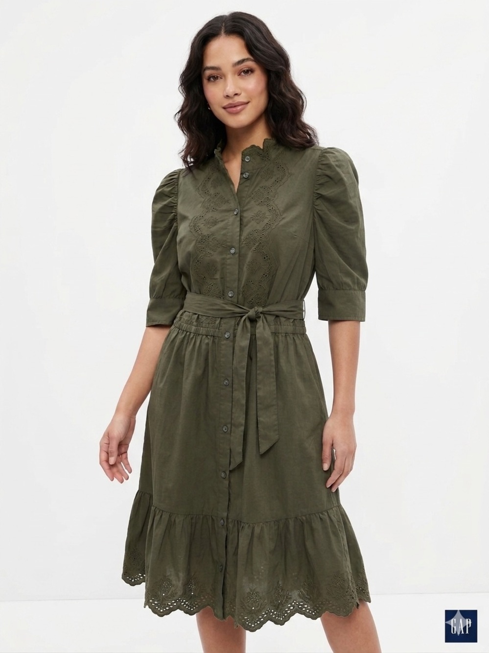 Gap Eyelet Button Front Dress Puff Sleeve Tiered Cotton Olive Green Large